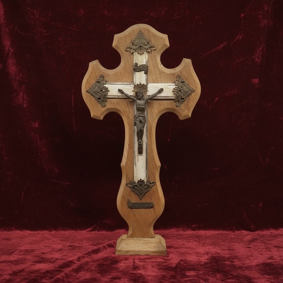 Vintage 1927 French Wooden Crucifix with Metal Corpus Antique Catholic Cross